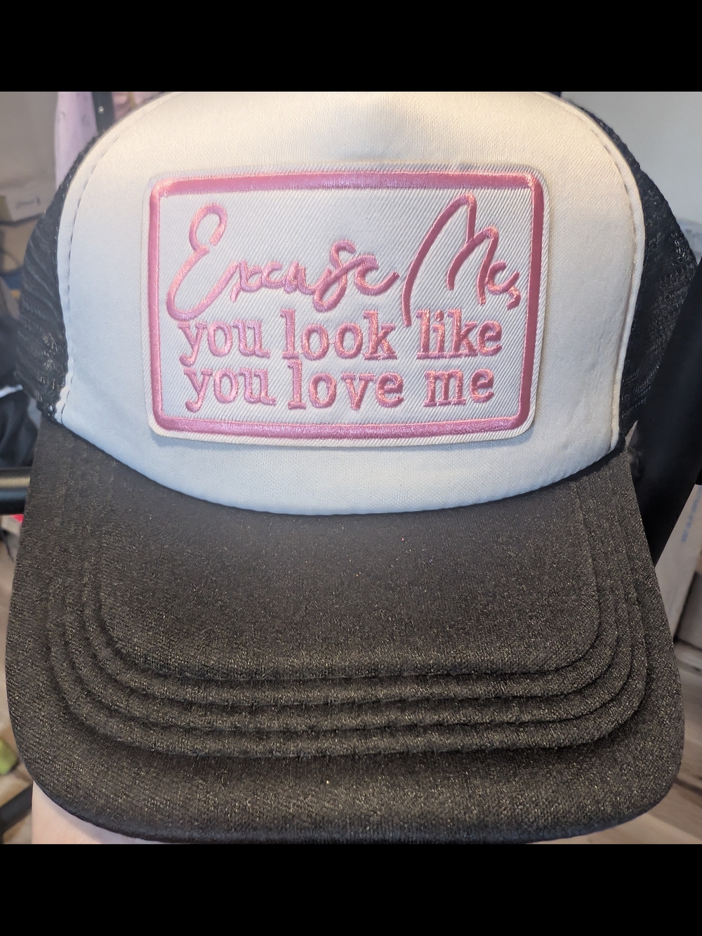 Embroidered Slogan Trucker Hat - White & Black with Pink Accent